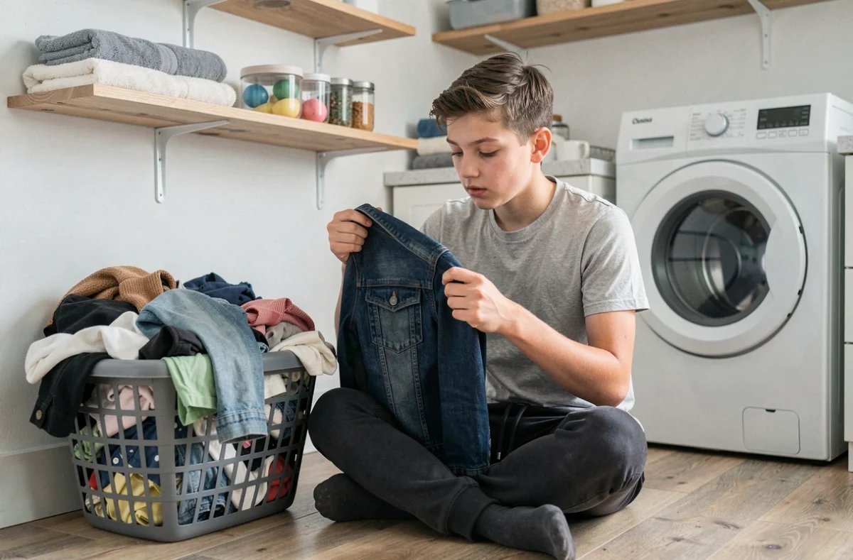 Adolescent inspectant l'étiquette de lavage d'une veste en jean avant de la mettre en machine