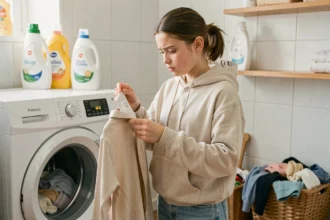 Adolescente lisant les symboles d'entretien sur une étiquette de vêtement devant un lave-linge