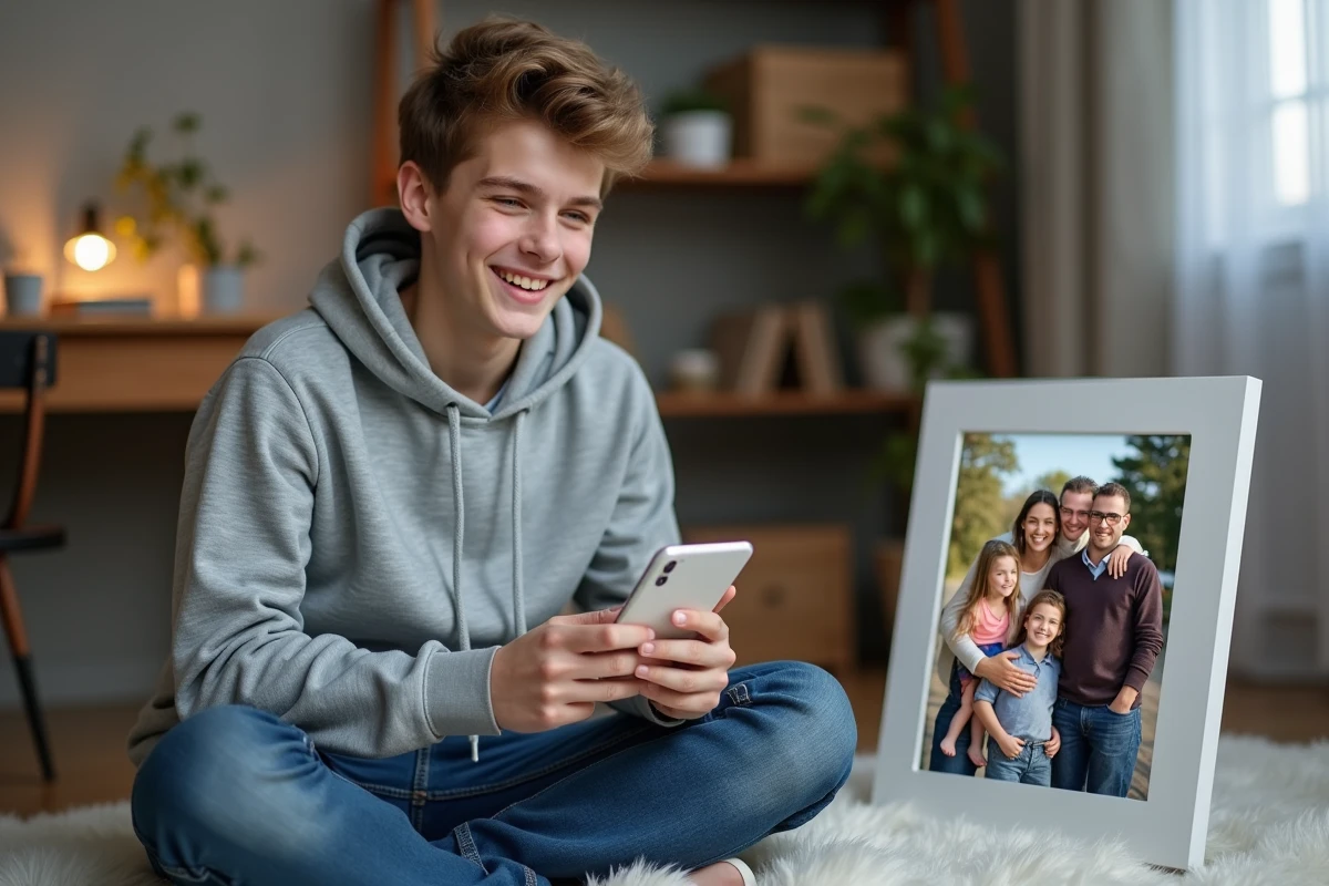 Adolescent configurant un cadre photo numérique connecté à son smartphone pour partager des photos familiales dans sa chambre