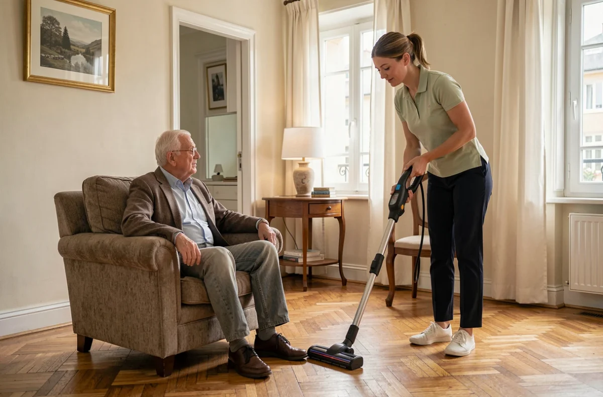 Aide à domicile passant l'aspirateur dans le salon d'une personne âgée à Nîmes