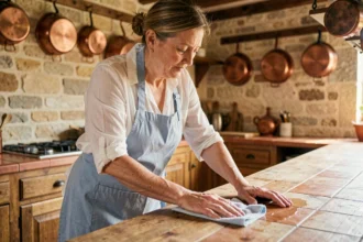 Aide ménagère essuyant un plan de travail en bois dans une cuisine de style provençal à Nîmes