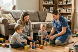 Aide ménagère jouant avec des jumeaux en bas âge pendant que la mère se repose dans le salon familial
