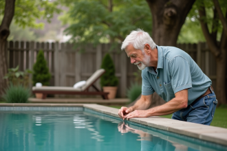 Homme age inspectant la piscine en bois dans son jardin