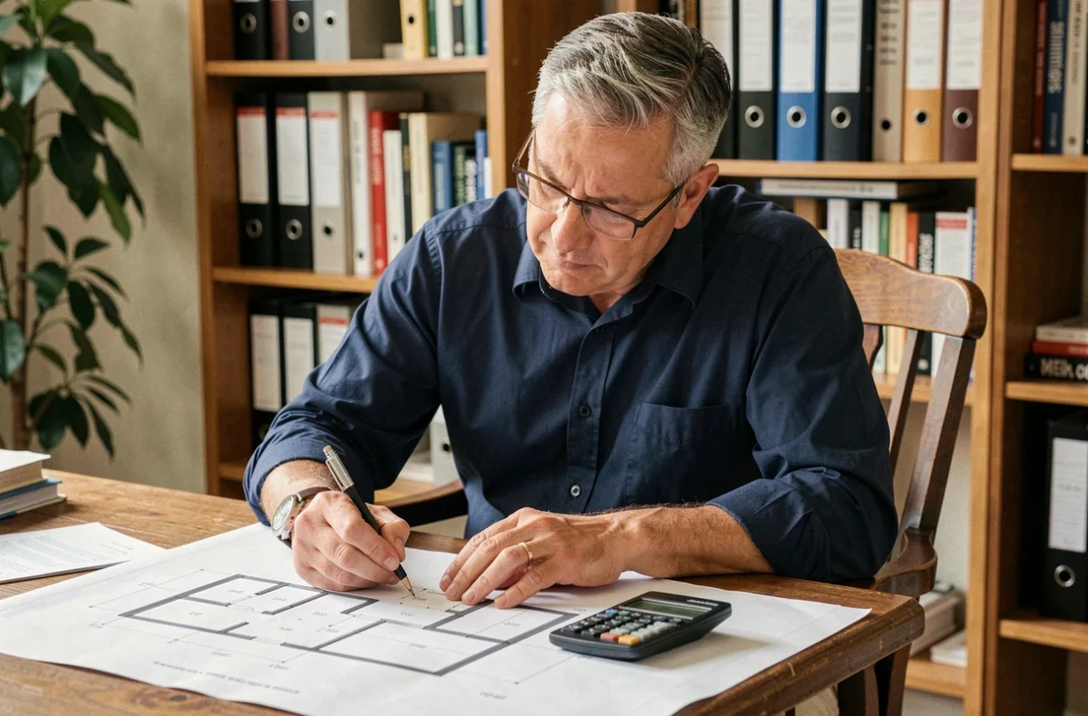 Homme annotant un plan de surface habitable sur papier pour préparer une déclaration préalable de travaux