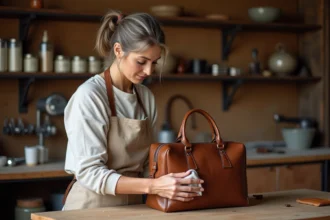 Femme appliquant un baume rénovateur sur un sac en cuir usé dans un atelier artisanal en bois