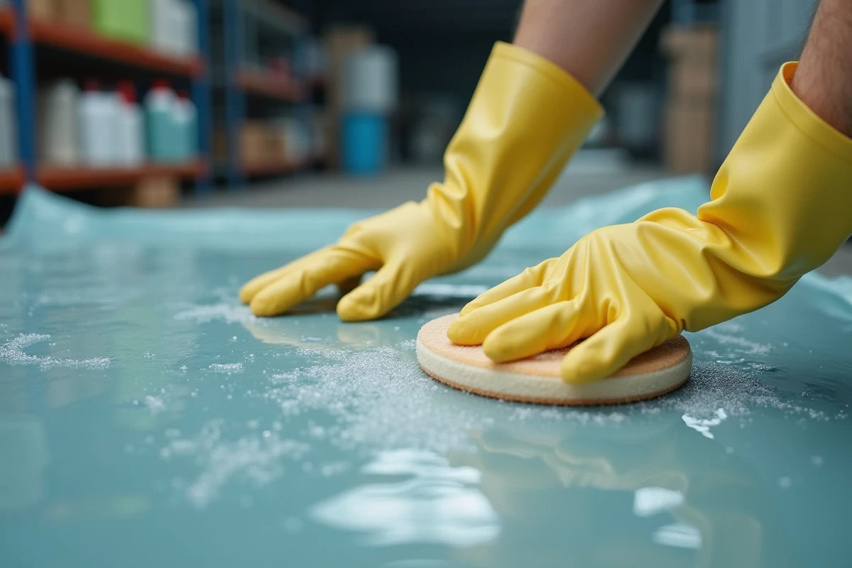 Gros plan de mains gantées appliquant un produit protecteur sur une bâche transparente PVC pour en préserver la clarté