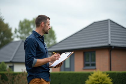 Architecte regardant le toit d'une maison moderne en extérieur
