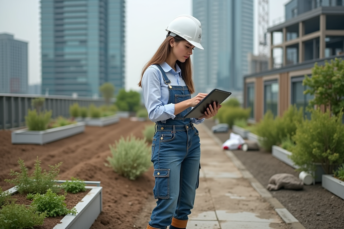 Jeune femme paysagiste sur un site de construction urbain
