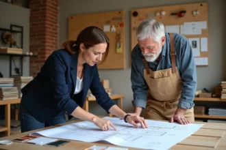 Architecte intérieure et artisan collaborant autour de plans de rénovation sur une grande table de travail en bois dans un studio professionnel