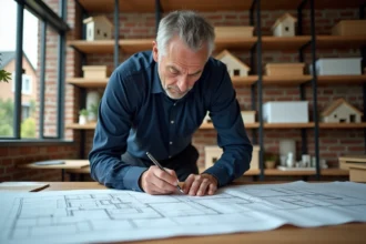 Architecte local examinant des plans de maison sur une table à dessin dans son studio professionnel