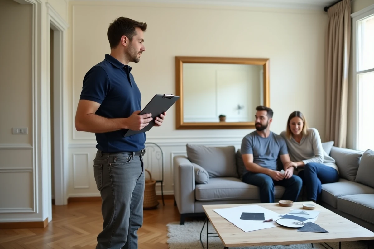 Artisan professionnel présentant un devis de rénovation à un couple de propriétaires dans un appartement moderne