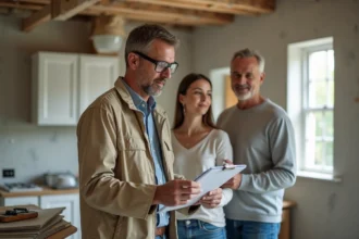 Artisan présentant un devis de rénovation à un couple de propriétaires dans une cuisine en travaux