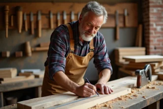 Artisan menuisier mesurant une planche en bois dans un atelier pour fabriquer des volets en bois