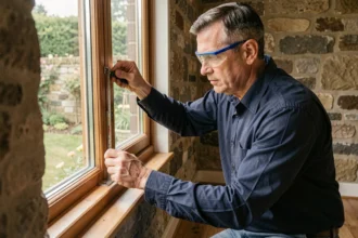 Artisan menuisier mesurant un encadrement de fenêtre en bois installé dans une maison rénovée aux murs en pierre