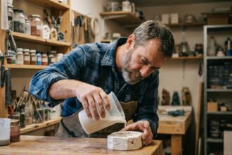 Homme concentré versant du silicone dans un moule artisanal