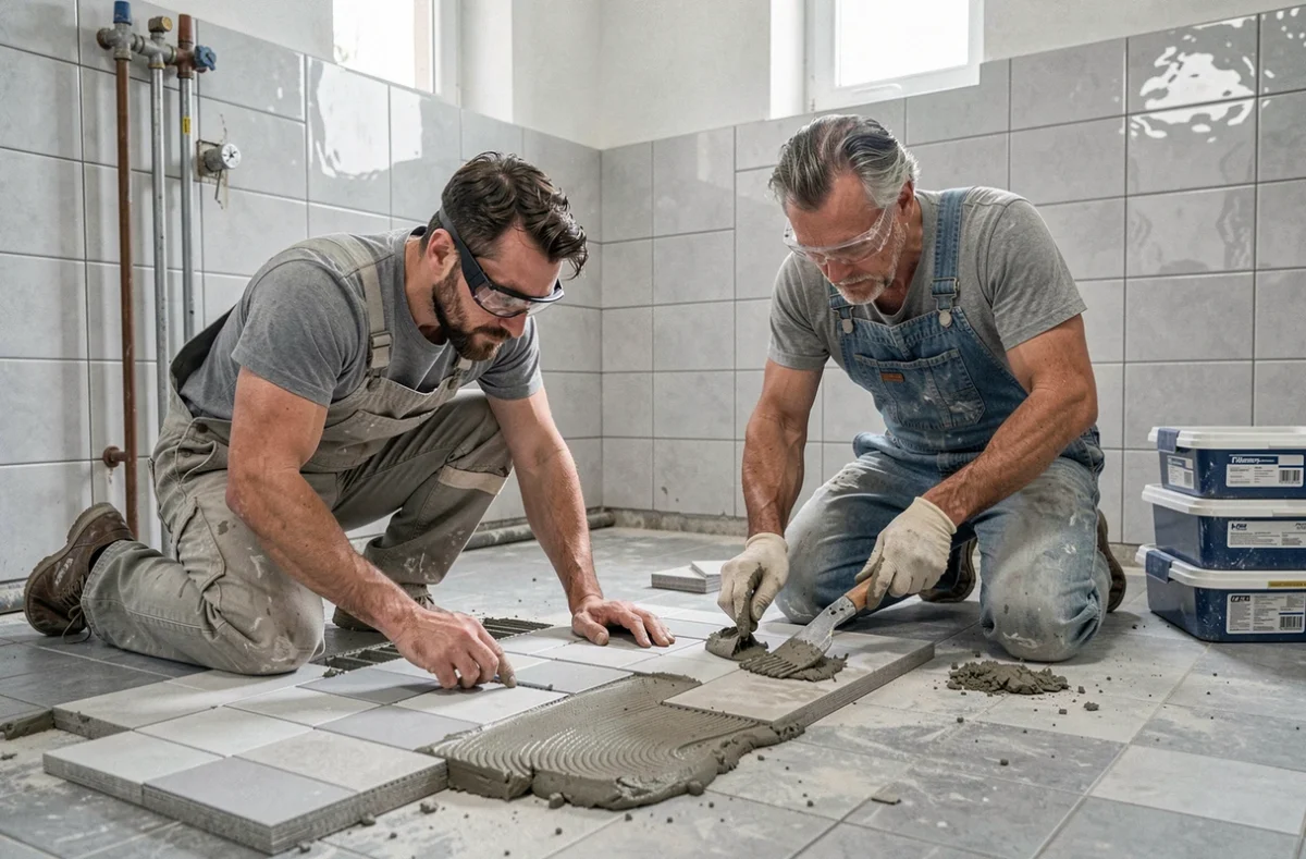 Artisans d'Artisance posant du carrelage en mosaïque dans une salle de bain d'appartement parisien tous corps d'état
