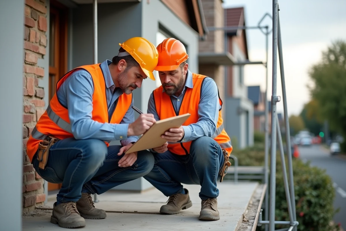 Deux artisans inspectant une façade en rénovation et remplissant un formulaire de devis sur échafaudage