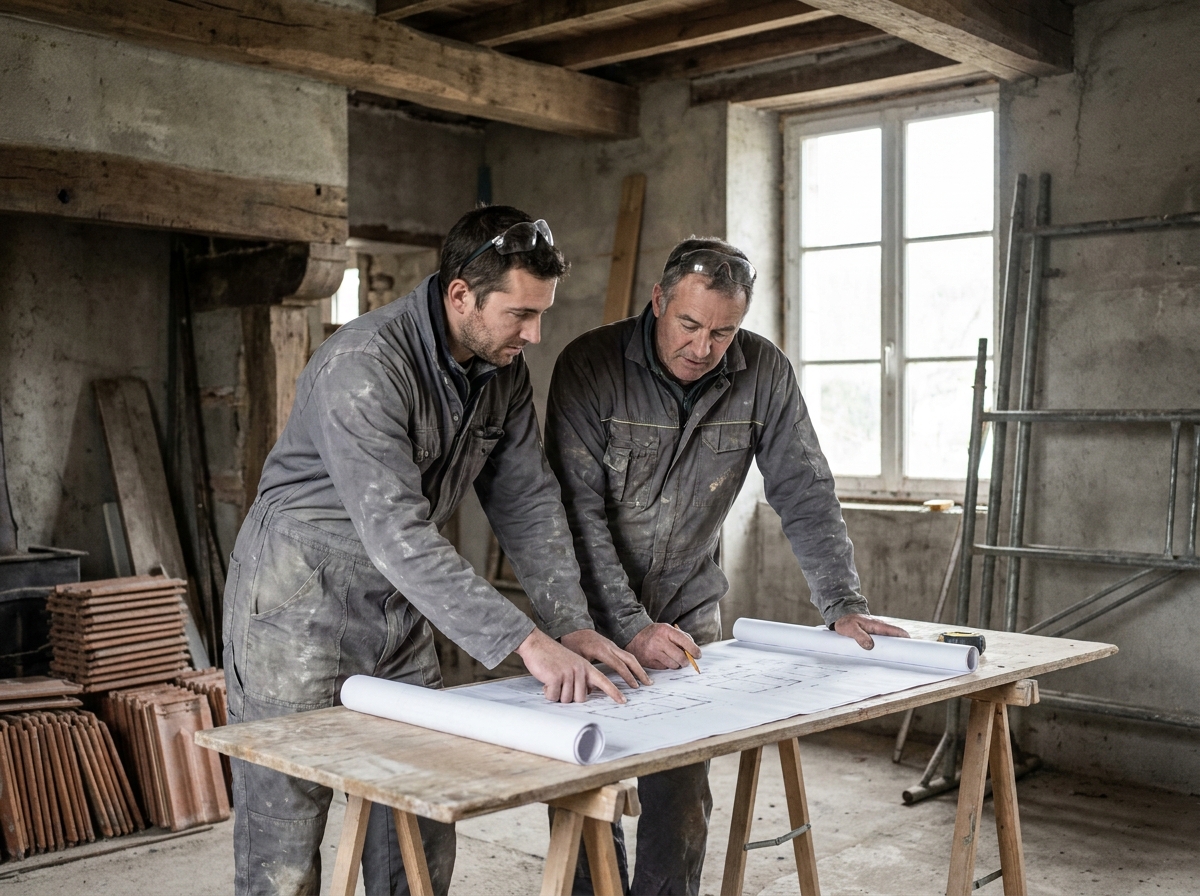 Deux artisans en salopette de travail étudiant des plans d'architecte dans une ferme en cours de rénovation en Ille-et-Vilaine