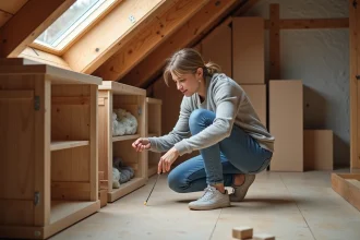 Femme assemble un rangement dans un grenier aménagé