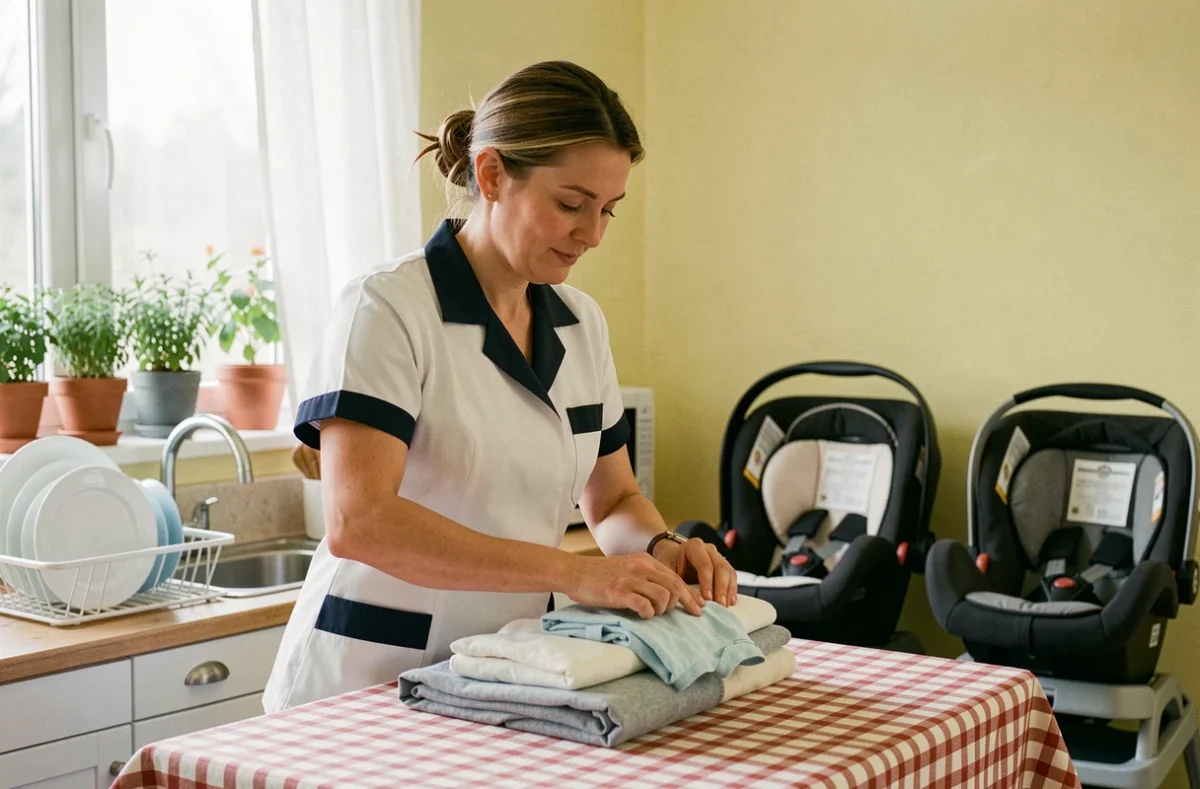 Auxiliaire de vie pliant les vêtements de bébés jumeaux dans une cuisine familiale organisée