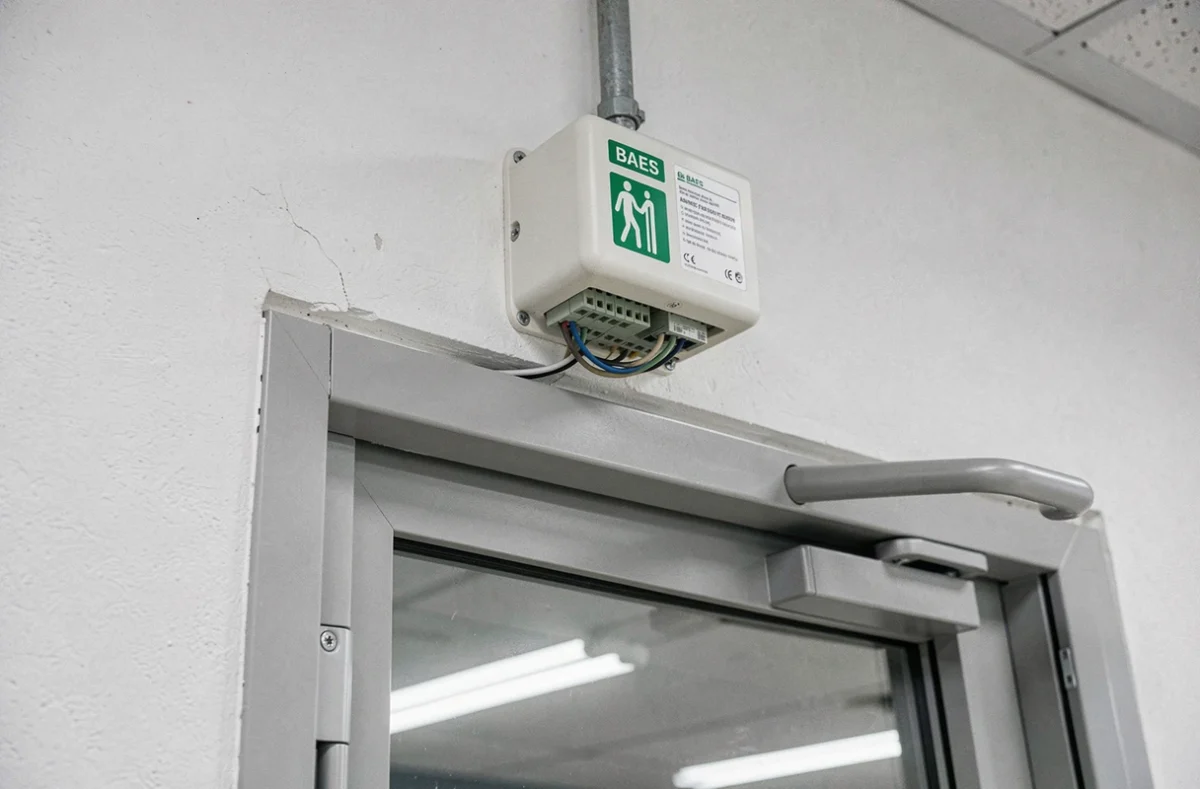 Bloc autonome d'éclairage de sécurité BAES installé au-dessus d'une porte de sortie de secours dans un bureau moderne, conformité réglementaire éclairage de sécurité