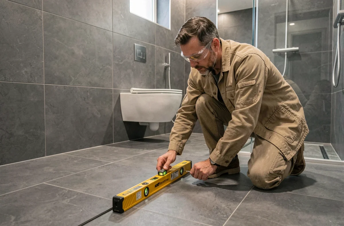 Artisan de Bâti Nove vérifiant le niveau d'un carrelage grand format dans une salle de bain contemporaine en Essonne