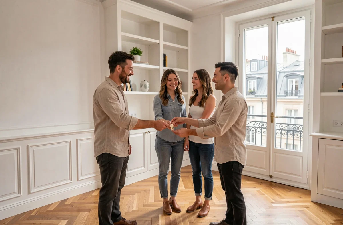 Coordinateur de Batievol remettant les clés d'un appartement parisien entièrement rénové à un couple satisfait sans stress