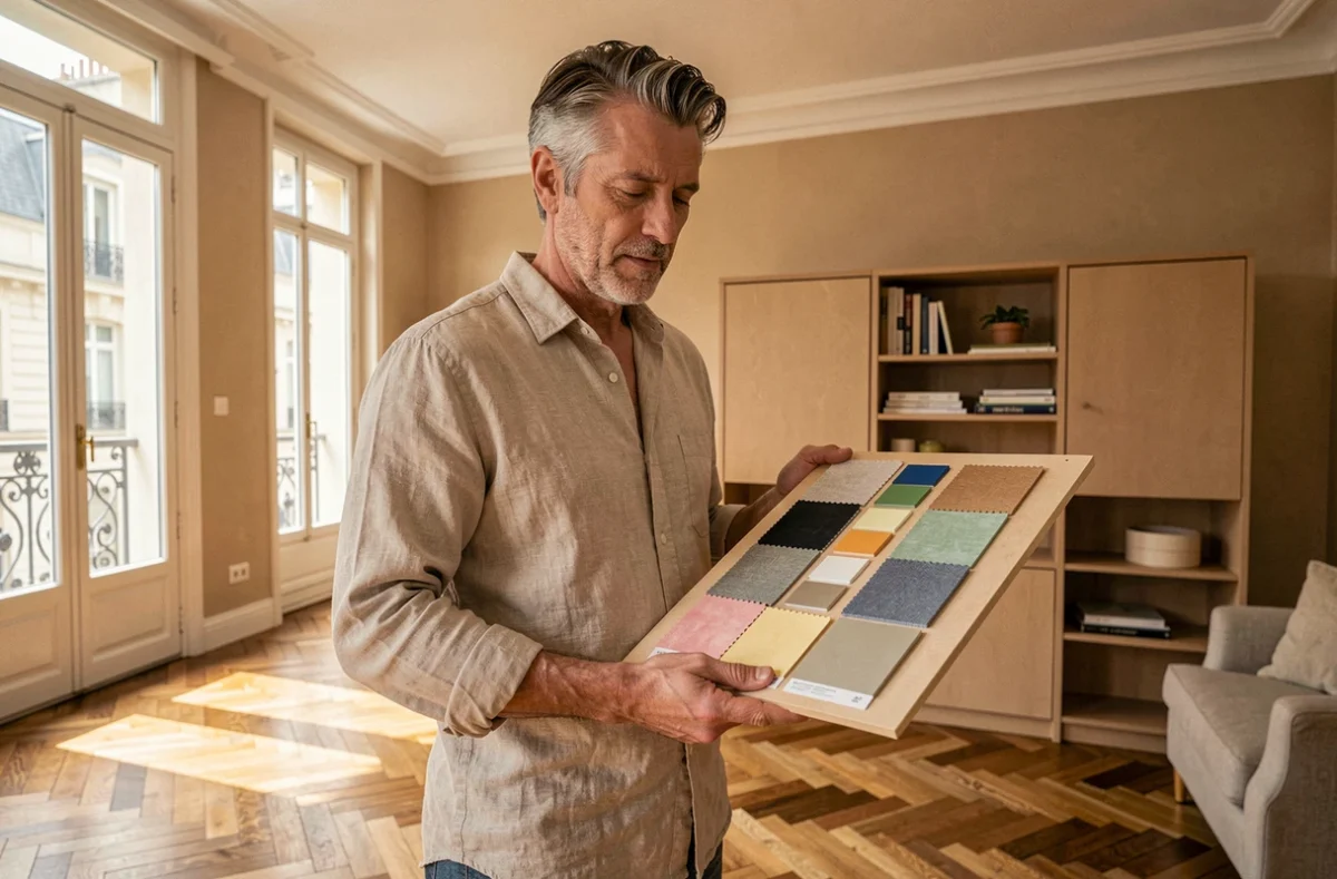 Designer de Batissimo présentant des échantillons de matériaux dans un appartement parisien rénové et aménagé