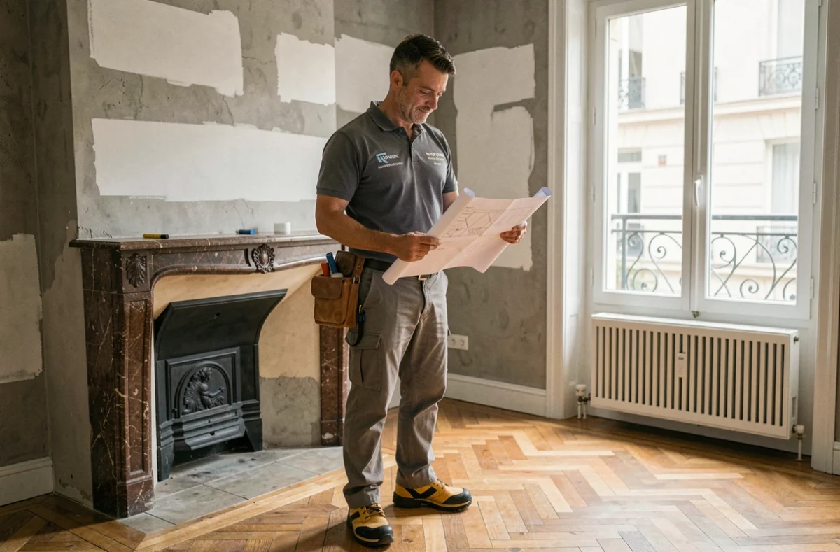Entrepreneur de Belmard Bâtiment examinant des plans de rénovation dans un appartement parisien avec parquet en chevrons et cheminée restaurée