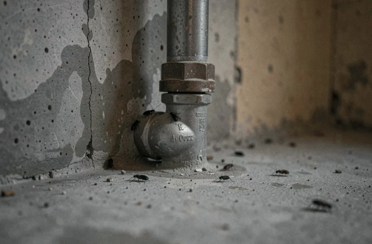Petites bestioles noires sur une canalisation dans un sous-sol humide, signe d'infestation et de problème d'humidité dans le logement