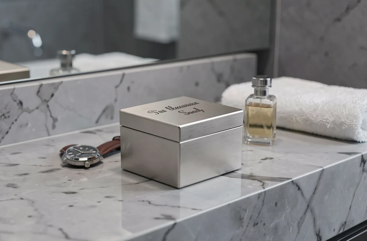 Boîte à bijoux de voyage carrée gravée personnalisée posée sur un plan de travail en marbre dans une salle de bain minimaliste avec montre et parfum