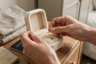 Mains de femme rangeant un collier en or dans une boîte à bijoux de voyage personnalisée en velours ivoire sur une commode en bois