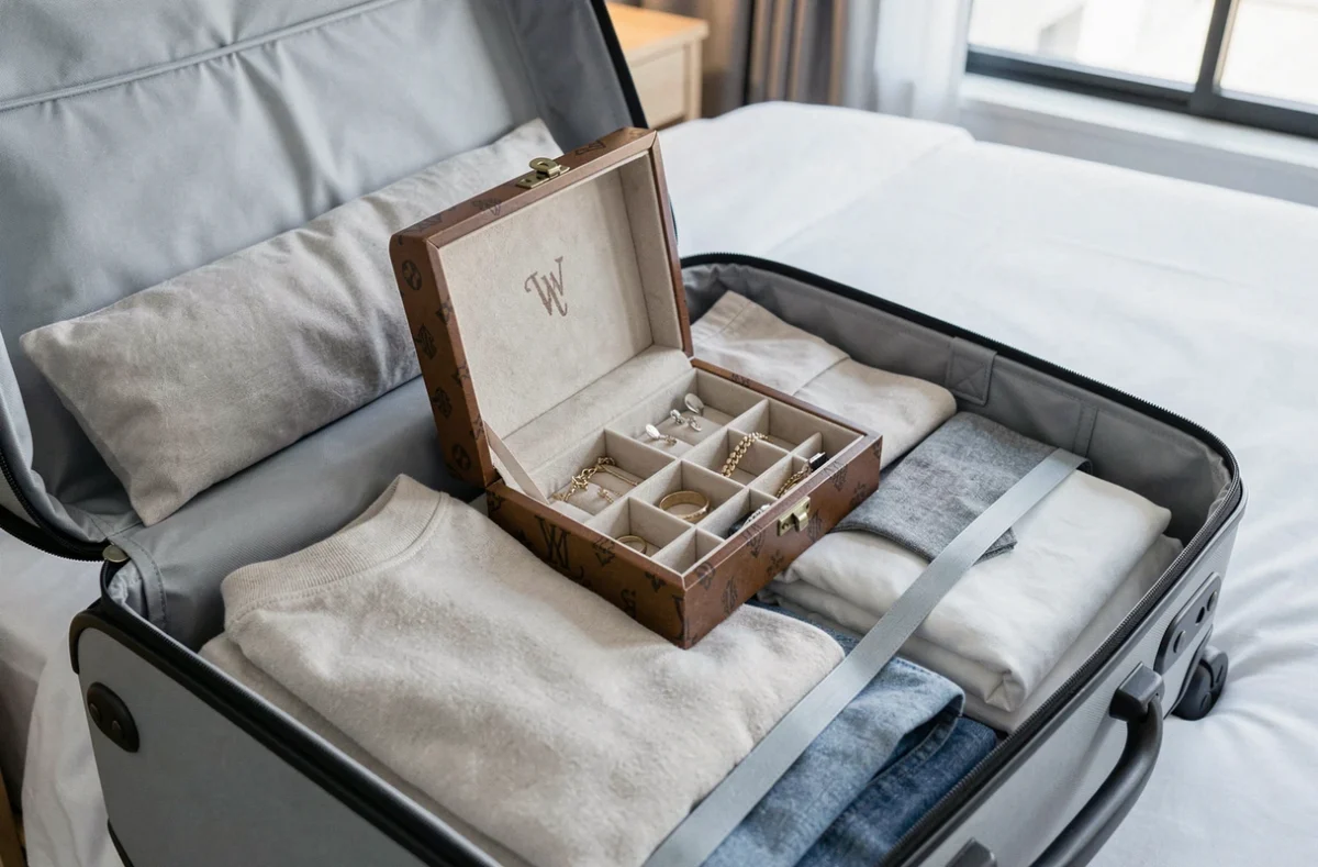Boîte à bijoux de voyage personnalisée en cuir monogrammé ouverte dans une valise avec compartiments pour boucles d'oreilles et bracelets