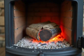 Bûche de ramonage en train de brûler dans un poêle à bois en fonte, avec des braises rougeoyantes et une couche de cendre blanche sur le fond du foyer