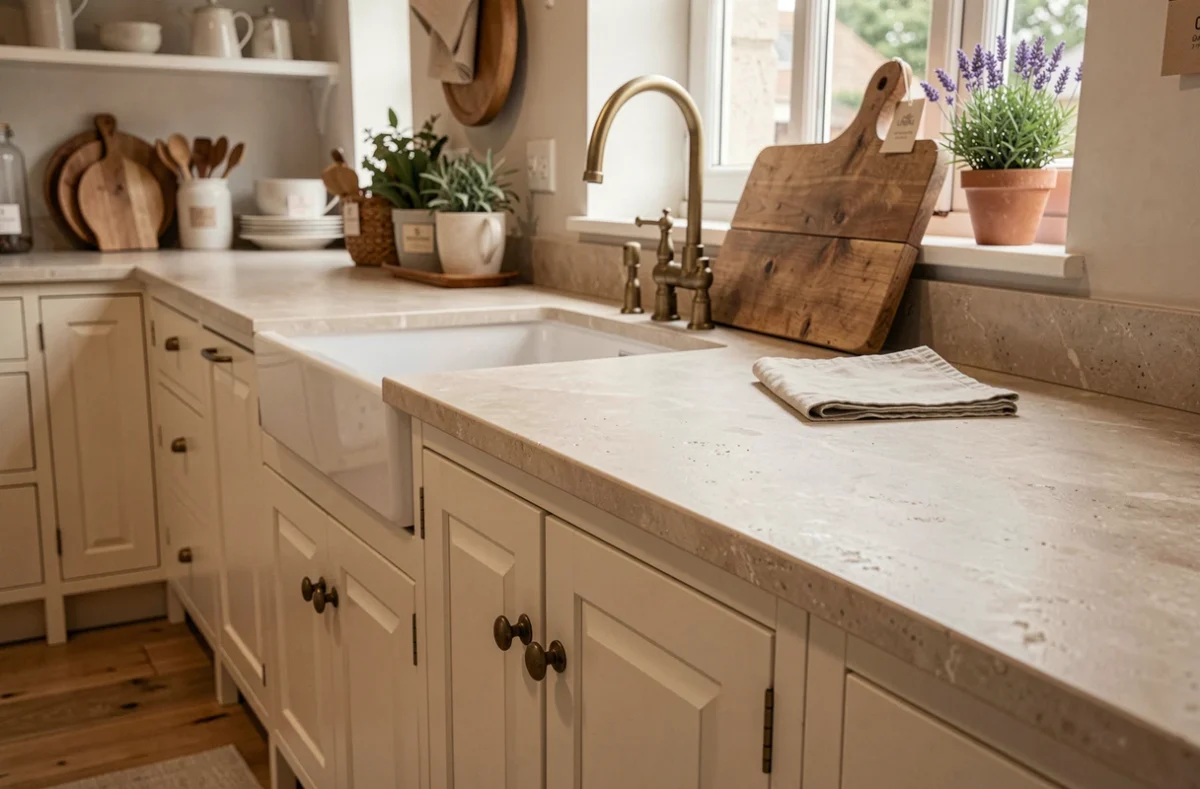 Cuisine campagnarde en bois crème avec évier en céramique et accessoires vintage dans un showroom Cadre de Vies