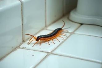 Centipède de maison sur carrelage de salle de bain, vue macro détaillée des pattes et antennes