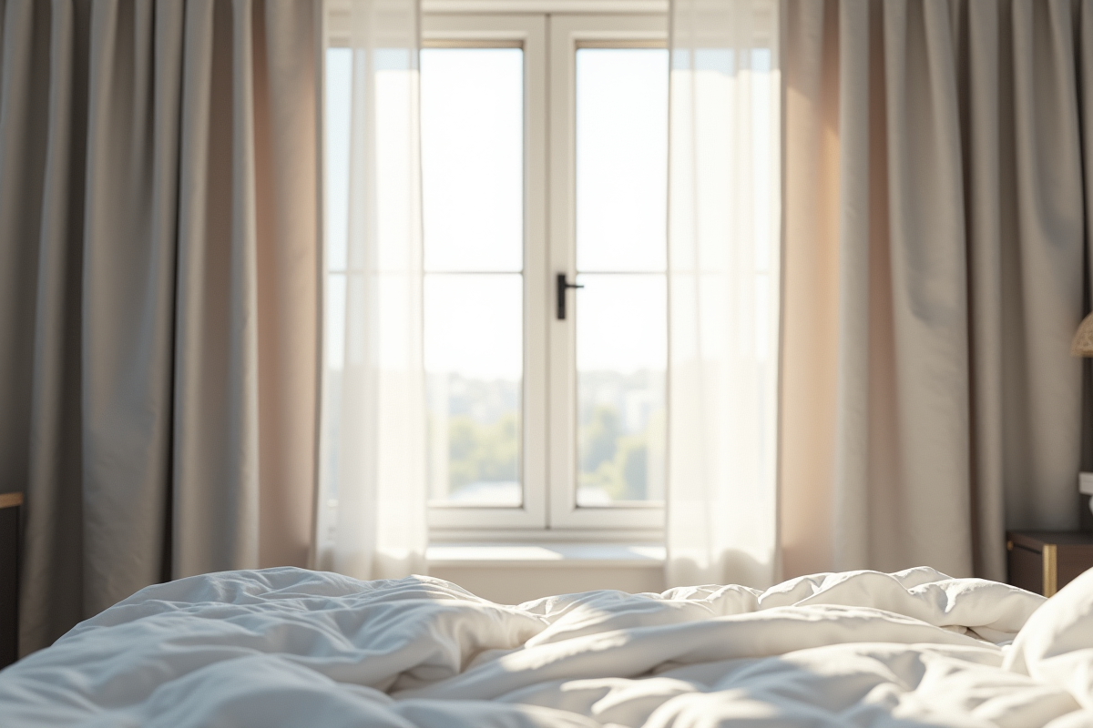 Chambre avec rideaux gris clair et lit blanc lumineux