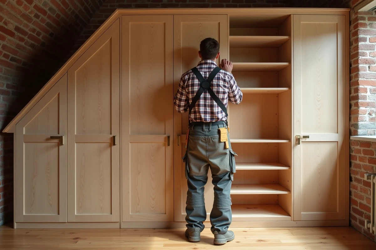 Charpentier installant un rangement sur mesure dans un attic