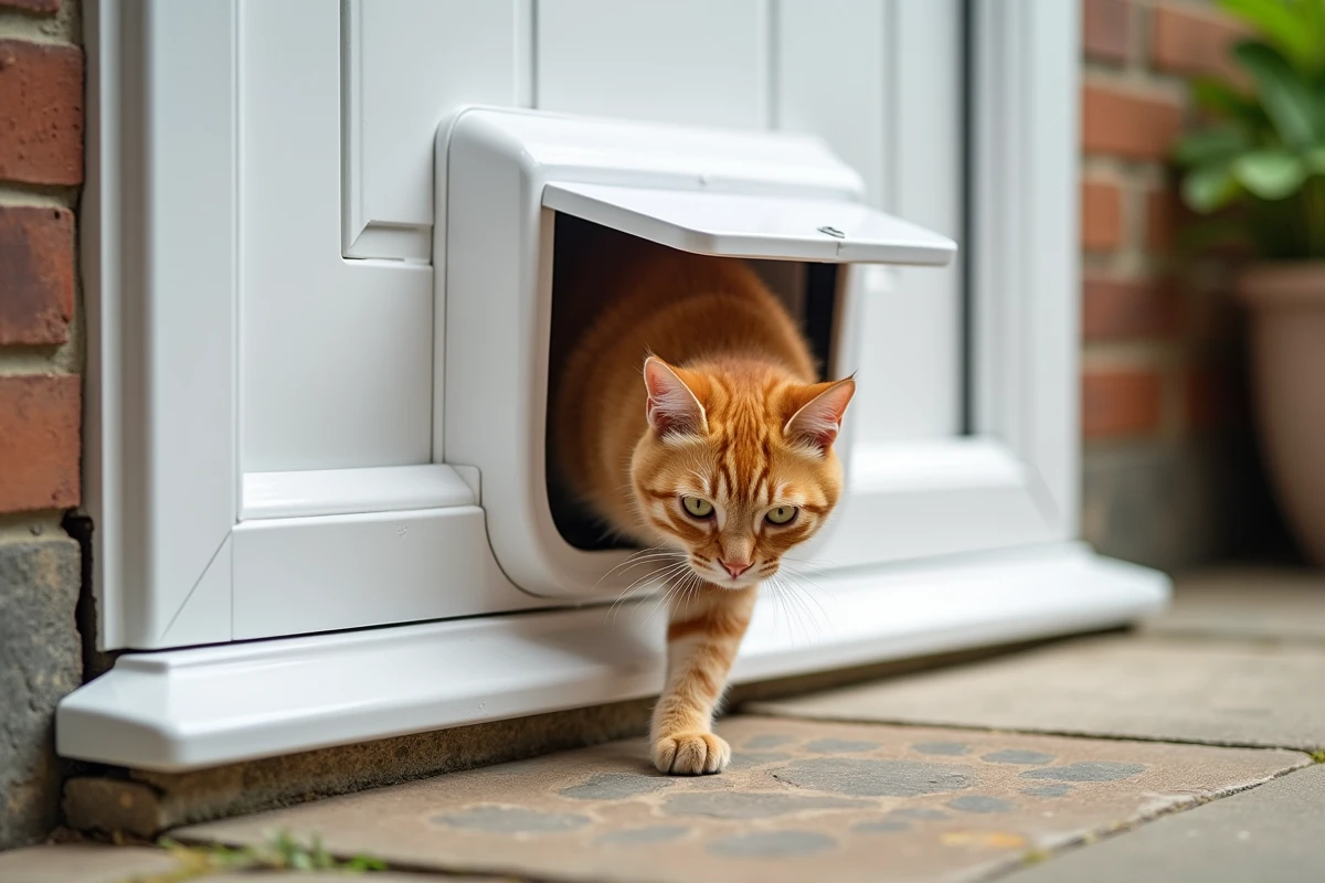 Chatière double paroi avec joint thermique installée dans une porte PVC extérieure, avec un chat roux passant à travers le panneau