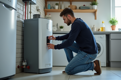 Homme ajustant un chauffe-eau thermodynamique dans une pièce bien organisée