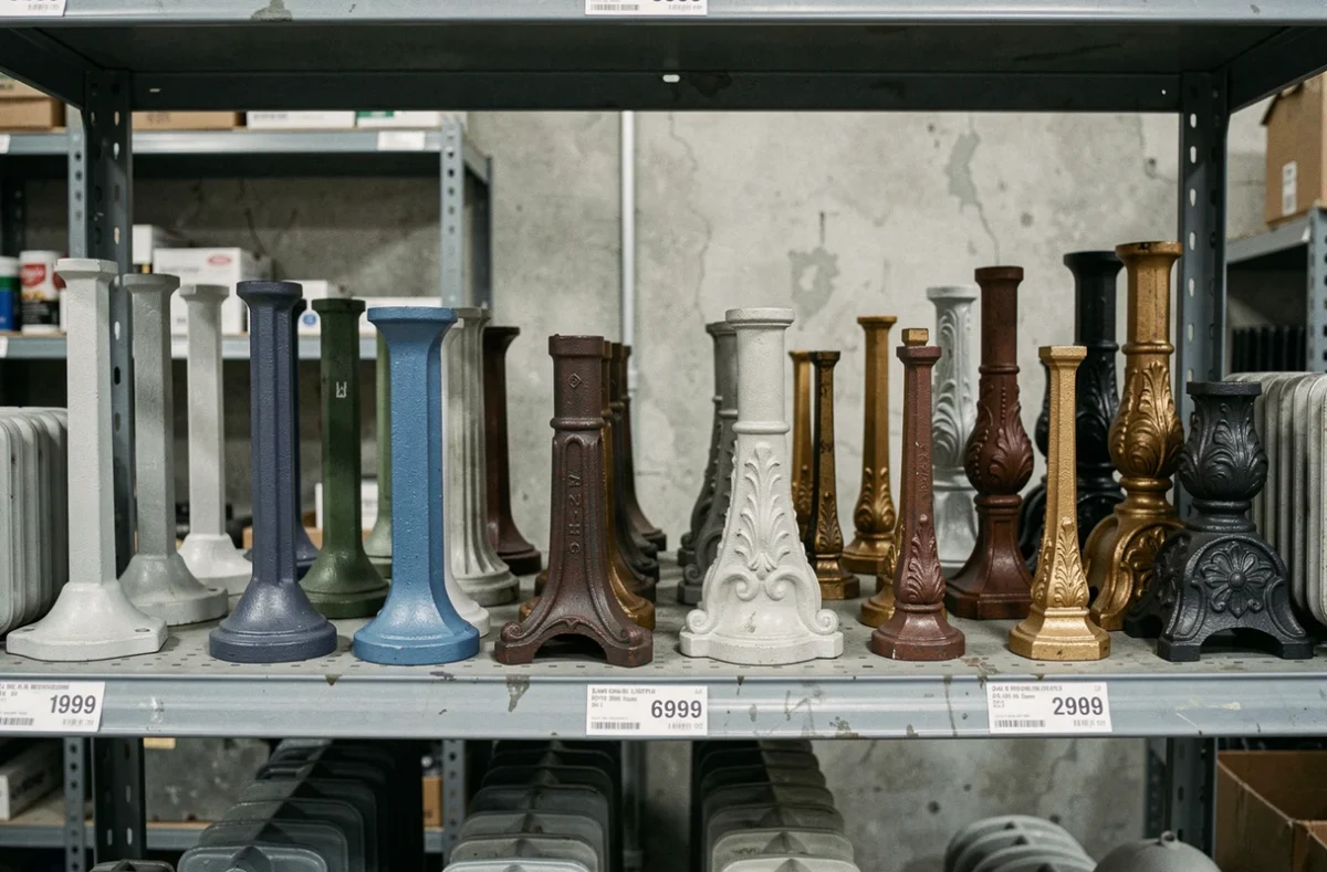 Sélection de pieds en fonte pour radiateurs exposés en rayon de quincaillerie avec différents modèles et finitions