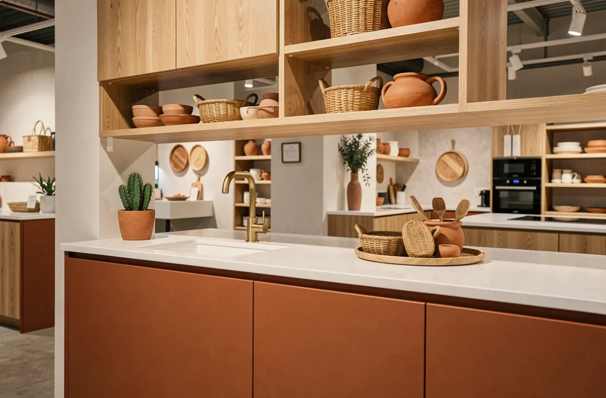 Cuisine bicolore terracotta et chêne avec crédence en pierre blanche et robinetterie dorée chez Comera Cuisines à Béthune