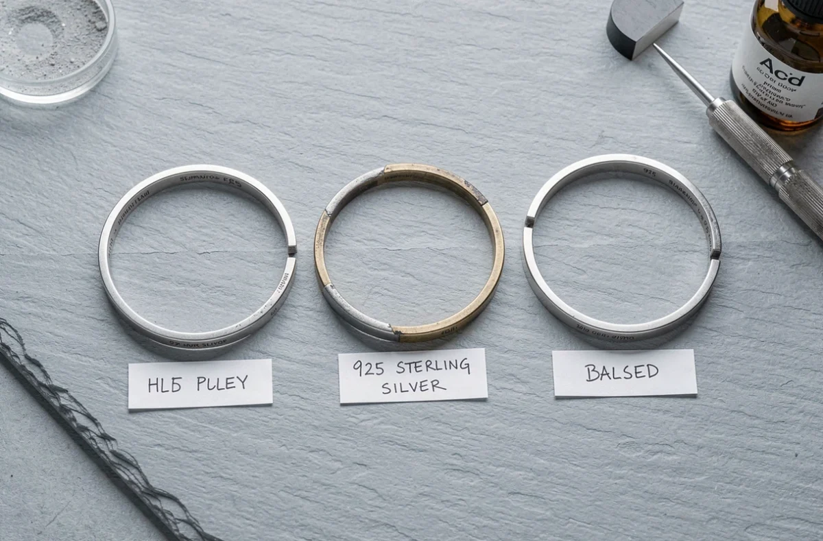 Comparaison à plat de trois bracelets argentés côte à côte montrant les différences entre argent 925, métal plaqué et alliage non poinçonné