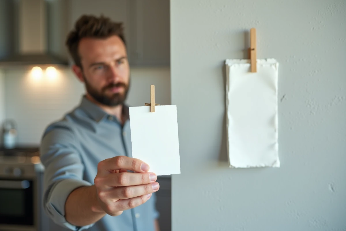 Comparaison d'échantillons de peinture blanc froid et blanc chaud dans une cuisine en rénovation