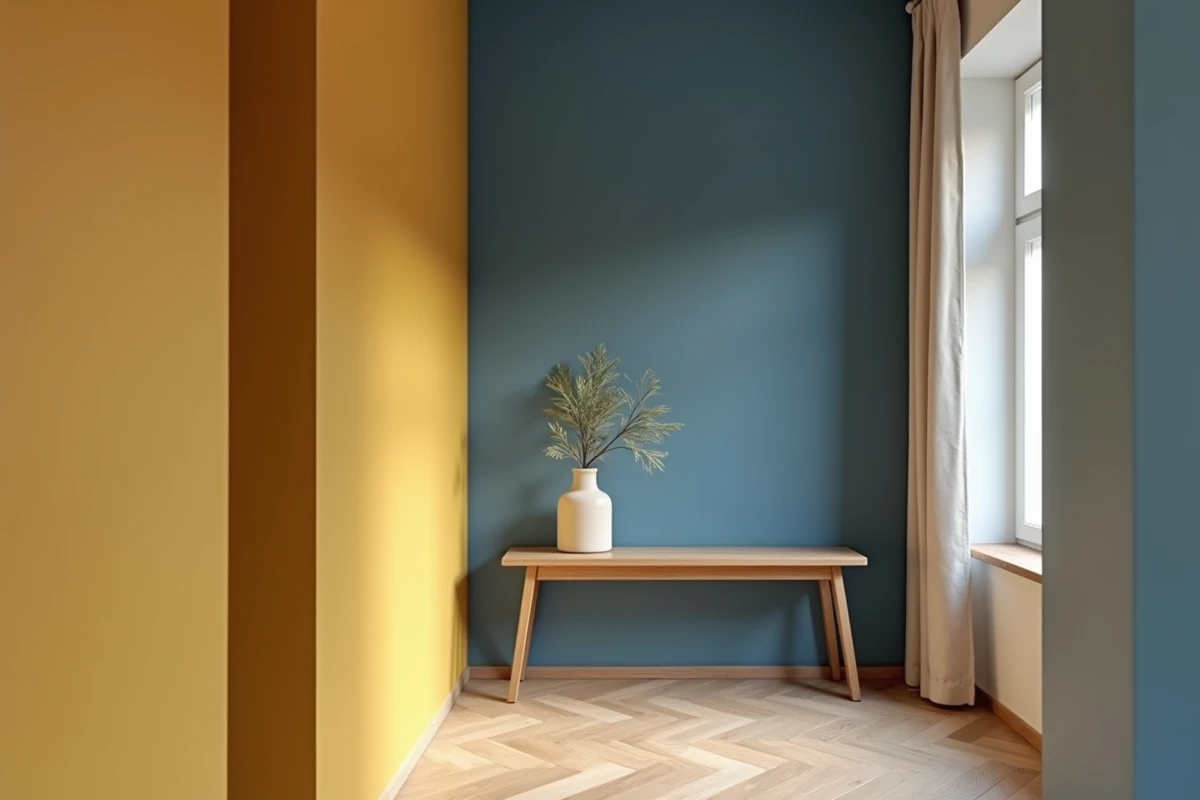 Comparaison de couleurs chaudes et froides sur les murs d'un couloir étroit avec parquet en chevrons