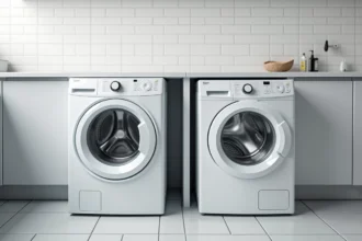 Comparaison de hauteur entre une machine à laver standard et un lave-linge compact installés côte à côte dans une buanderie moderne