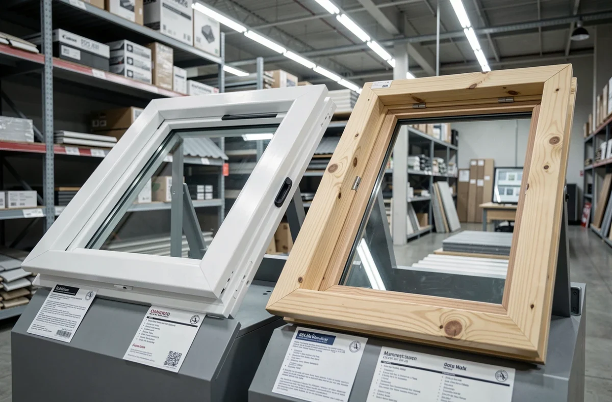 Comparaison de deux modèles de fenêtres de toit en magasin Brico Dépôt avec cadres PVC et bois pin