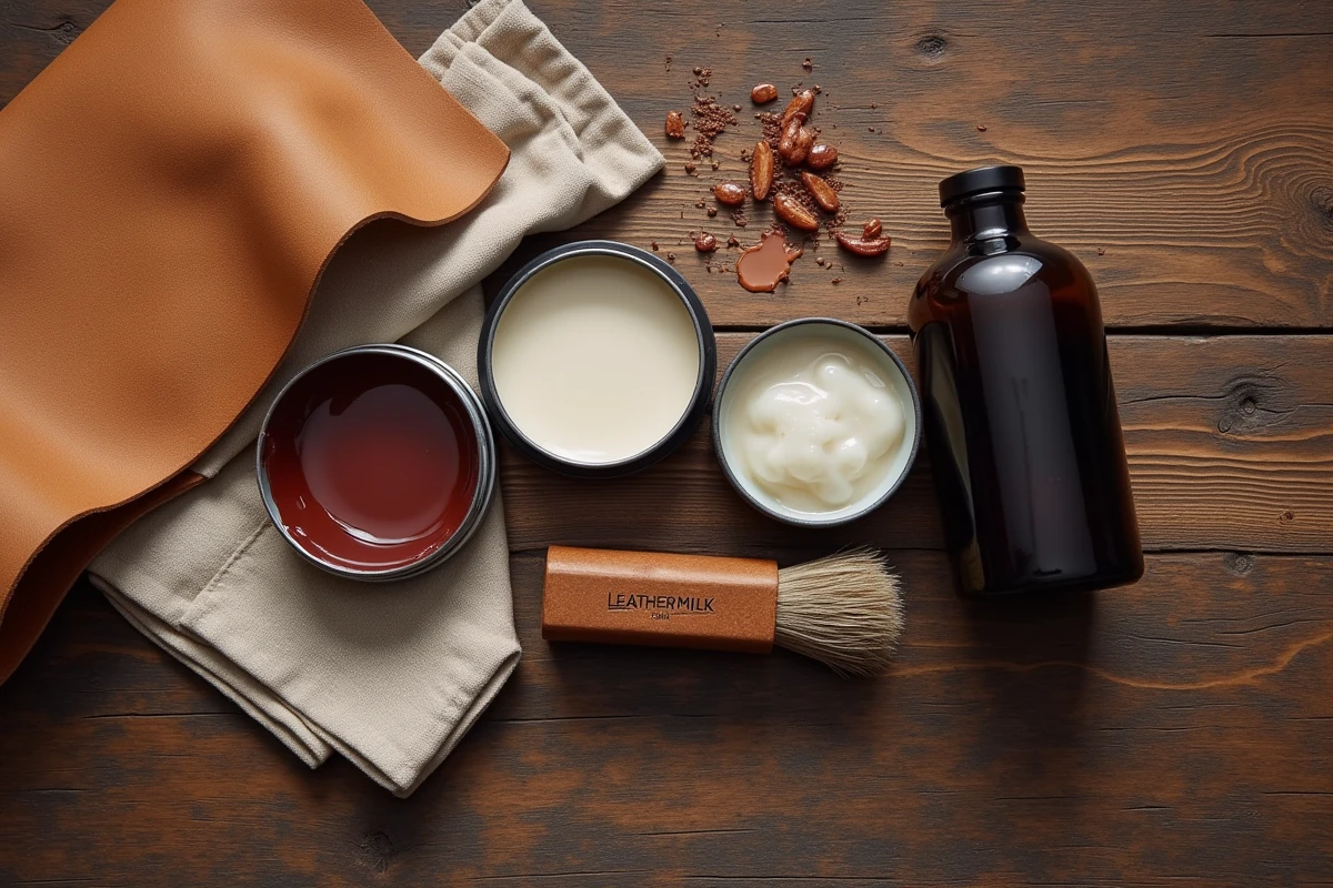 Comparaison de produits rénovateurs pour cuir : peinture, baume et lait posés sur une table en chêne