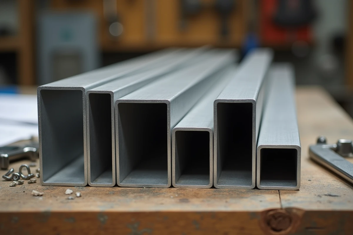 Comparaison de tubes en aluminium rectangulaires de qualités différentes sur un établi d'atelier avec pied à coulisse