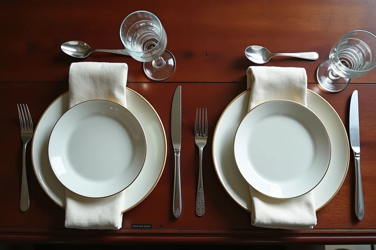 Comparaison côte à côte du positionnement du verre selon les traditions française et anglaise dans un dressage de table formel